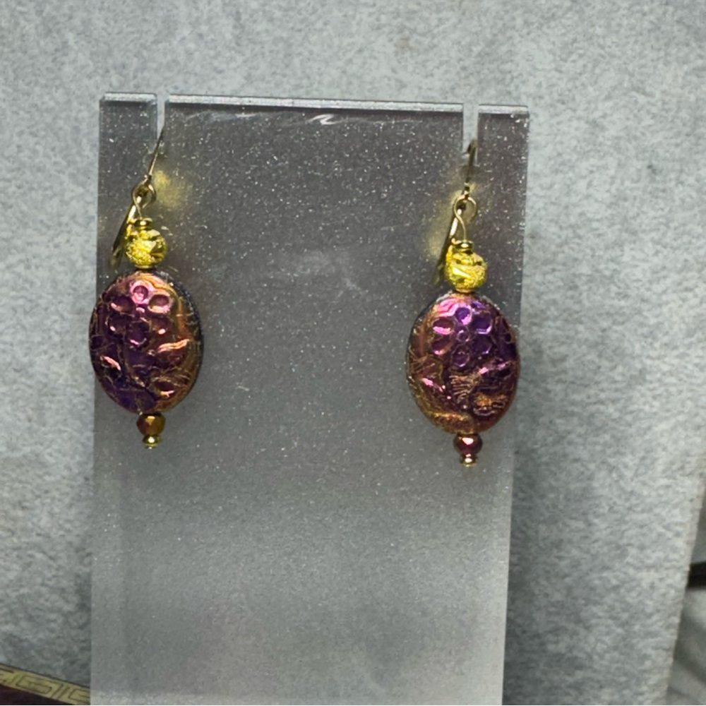 Artisan Gold and Purple Czech Glass Dangle Earrings - Picture 4 of 5